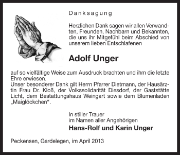 Traueranzeige von Adolf Unger von Uelzen