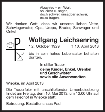 Traueranzeige von Wolfgang Leichsenring von Uelzen