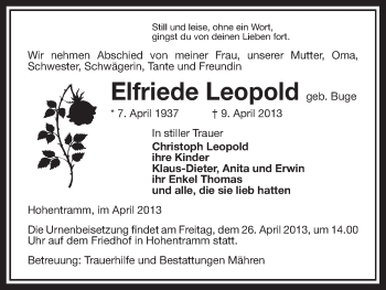 Traueranzeige von Elfriede Leopold von Uelzen