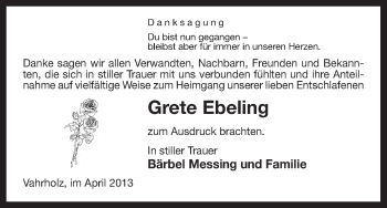 Traueranzeige von Grete Ebeling von Uelzen