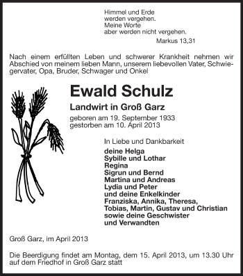 Traueranzeige von Ewald Schulz von Uelzen