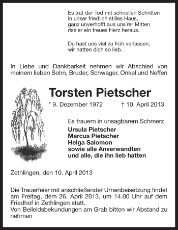 Traueranzeige von Torsten Pietscher von Uelzen