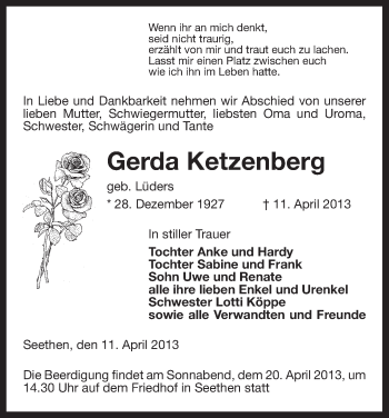 Traueranzeige von Gerda Ketzenberg von Uelzen