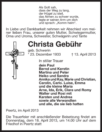 Traueranzeige von Christa Gebühr von Uelzen