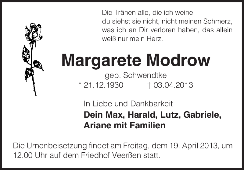  Traueranzeige für Margarete Modrow vom 16.04.2013 aus Uelzen