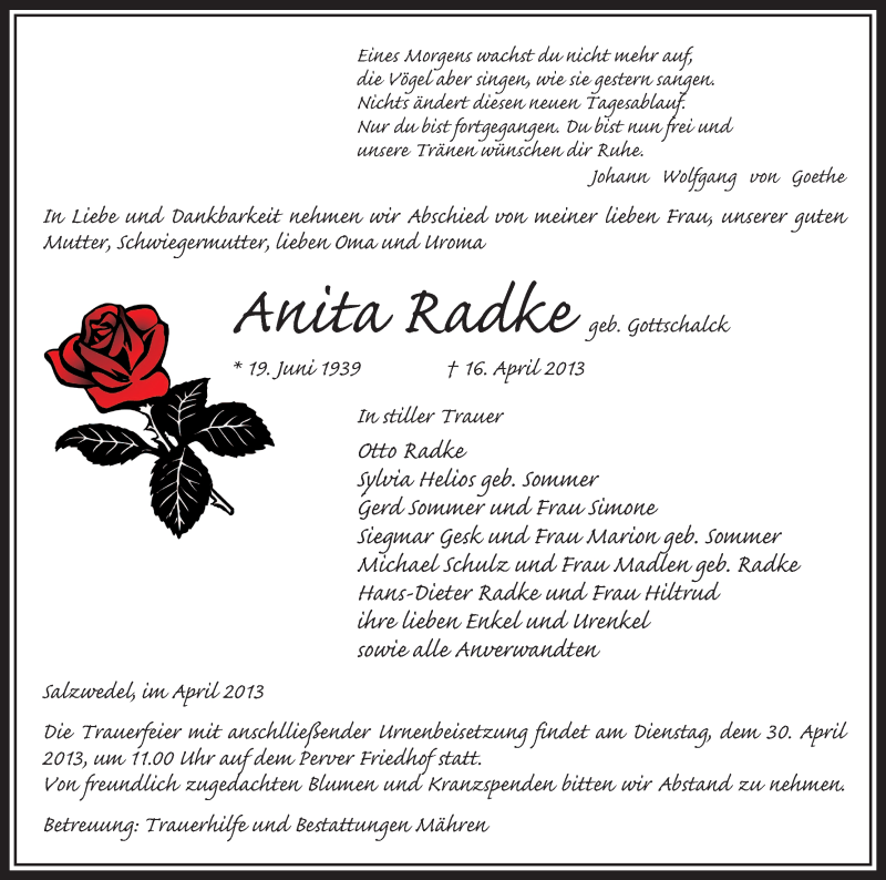  Traueranzeige für Anita Radke vom 18.04.2013 aus Uelzen