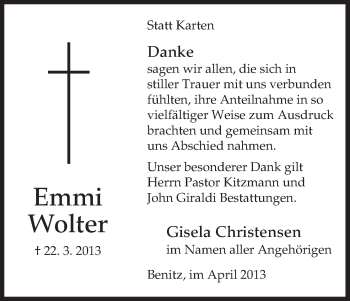 Traueranzeige von Emmi Wolter von Allgemeine Zeitung Uelzen