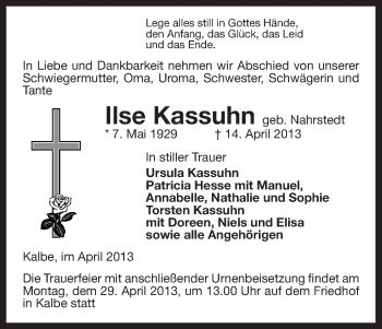 Traueranzeige von Ilse Kassuhn von Uelzen