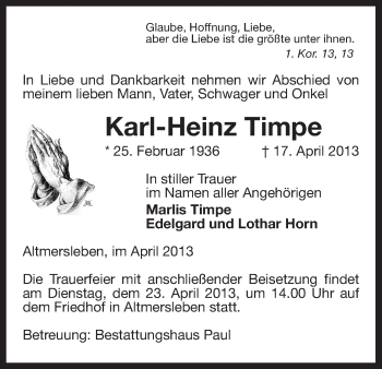 Traueranzeige von Karl-Heinz Timpe von Uelzen