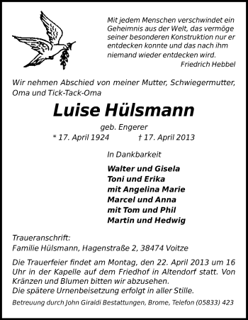 Traueranzeige von Luise Hülsmann von Uelzen