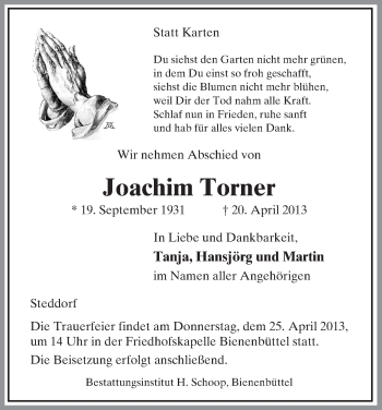 Traueranzeige von Joachim Torner von Uelzen