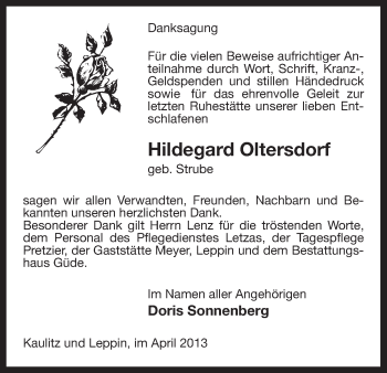 Traueranzeige von Hildegard Oltersdorf von Uelzen