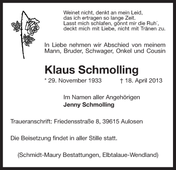 Traueranzeige von Klaus Schmolling von Uelzen