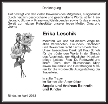 Traueranzeige von Erika Leschik von Uelzen