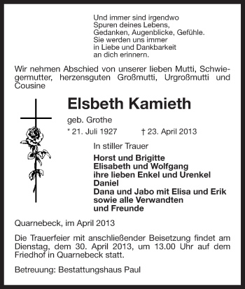 Traueranzeige von Elsbeth Kamieth von Uelzen