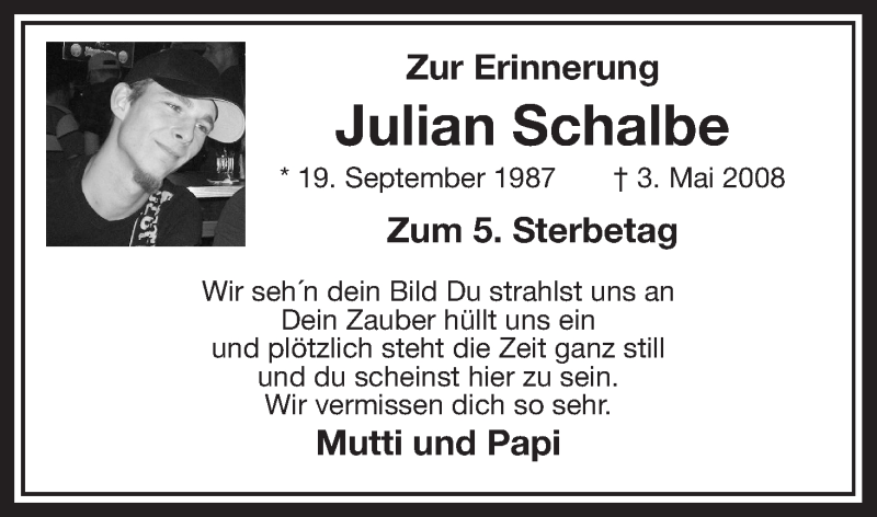  Traueranzeige für Julian Schalbe vom 03.05.2013 aus Allgemeine Zeitung Uelzen