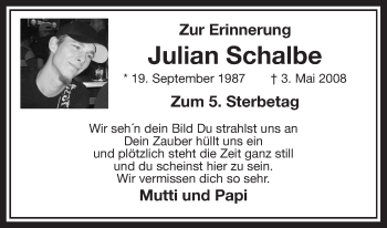 Traueranzeige von Julian Schalbe von Allgemeine Zeitung Uelzen