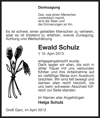 Traueranzeige von Ewald Schulz von Uelzen