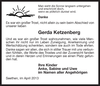 Traueranzeige von Gerda Ketzenberg von Uelzen