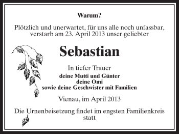 Traueranzeige von Sebastian  von Uelzen