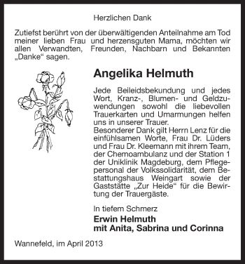 Traueranzeige von Angelika Helmuth von Uelzen