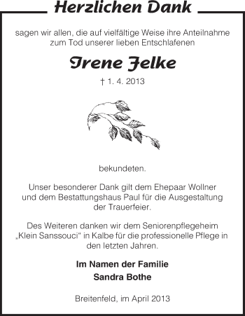 Traueranzeige von Irene Felke von Uelzen