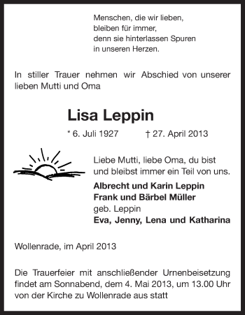 Traueranzeige von Lisa Leppin von Uelzen