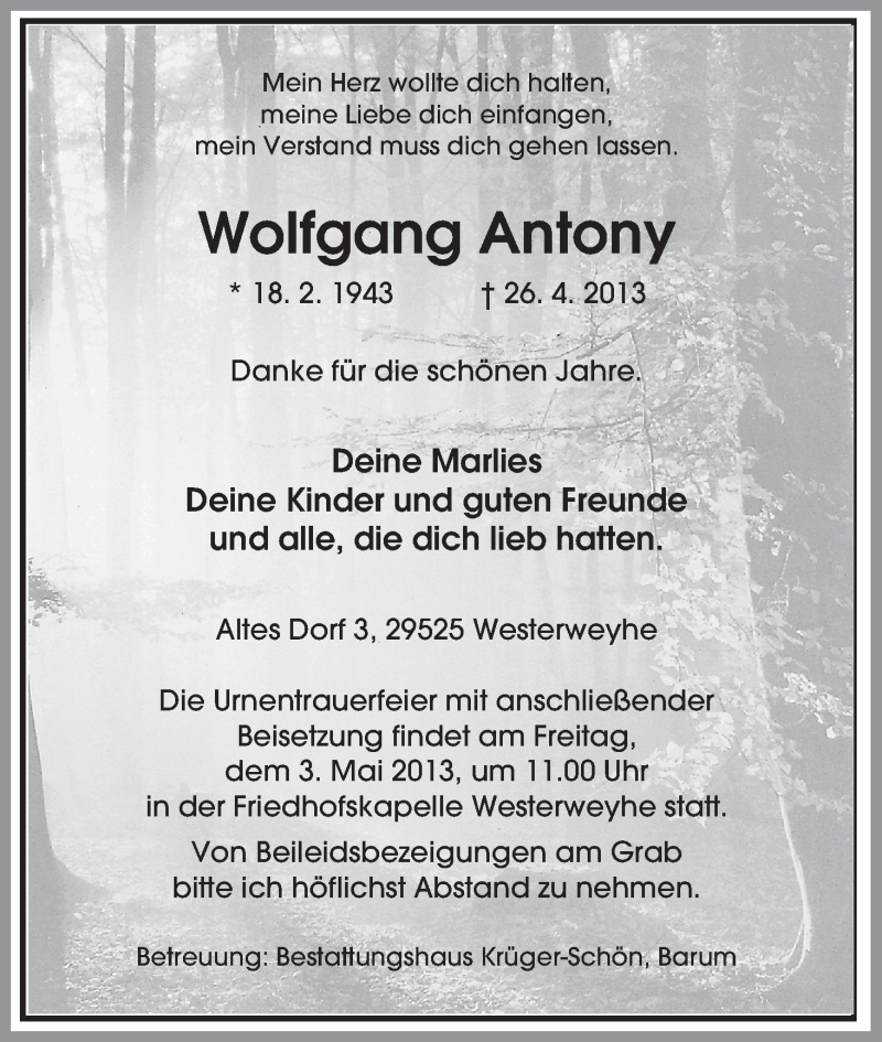  Traueranzeige für Wolfgang Antony vom 30.04.2013 aus Allgemeine Zeitung Uelzen