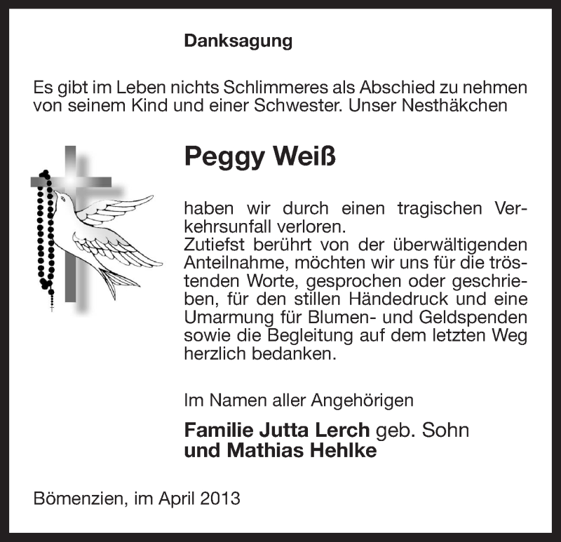  Traueranzeige für Peggy Weiß vom 02.05.2013 aus Uelzen