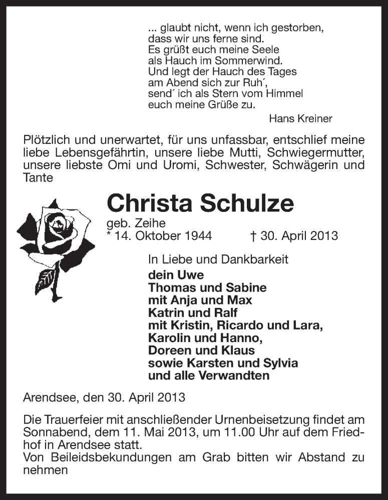  Traueranzeige für Christa Schulze vom 03.05.2013 aus Uelzen