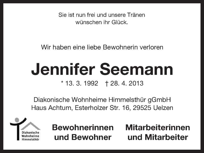  Traueranzeige für Jennifer Seemann vom 04.05.2013 aus Uelzen
