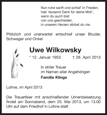 Traueranzeige von Uwe Wilkowsky von Uelzen