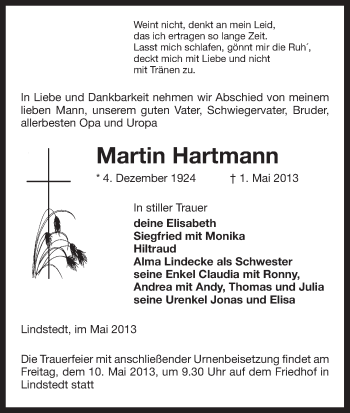 Traueranzeige von Martin Hartmann von Uelzen