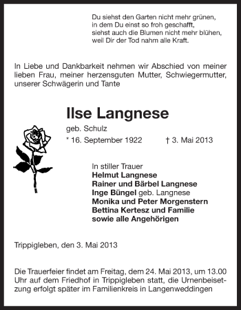 Traueranzeige von Ilse Langnese von Uelzen