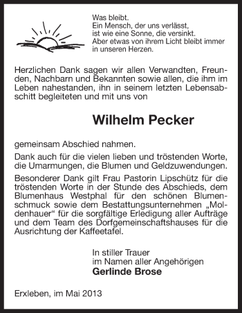 Traueranzeige von Wilhelm Pecker von Uelzen