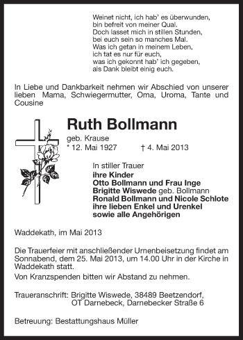 Traueranzeige von Ruth Bollmann von Uelzen