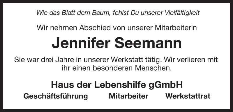  Traueranzeige für Jennifer Seemann vom 11.05.2013 aus Uelzen