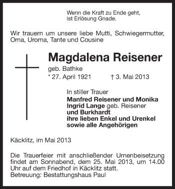 Traueranzeige von Magdalena Reisener von Uelzen