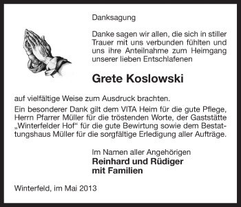 Traueranzeige von Grete Koslowski von Uelzen