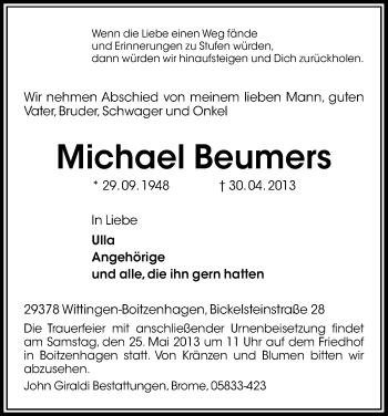 Traueranzeige von Michael Beumers von Uelzen