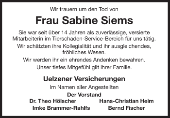 Traueranzeige von Sabine Siems von Uelzen