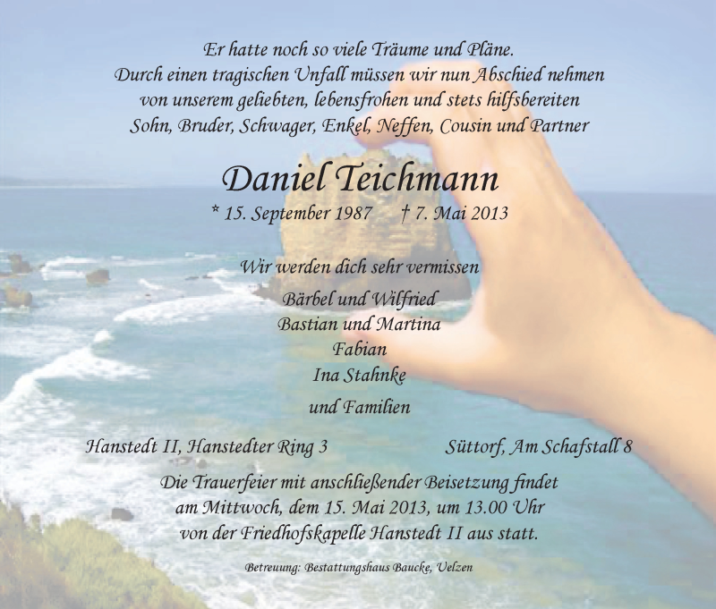  Traueranzeige für Daniel Teichmann vom 11.05.2013 aus Uelzen
