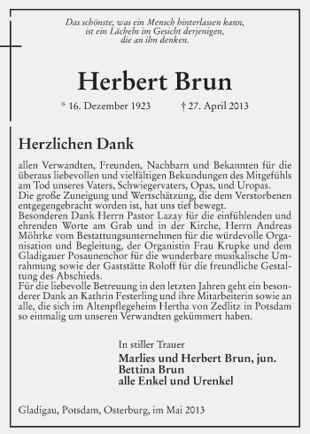 Traueranzeige von Herbert Brun von Uelzen