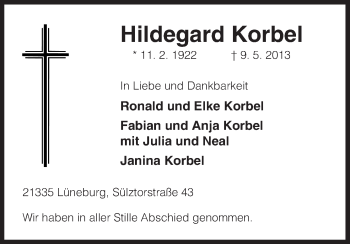 Traueranzeige von Hildegard Korbel von Uelzen