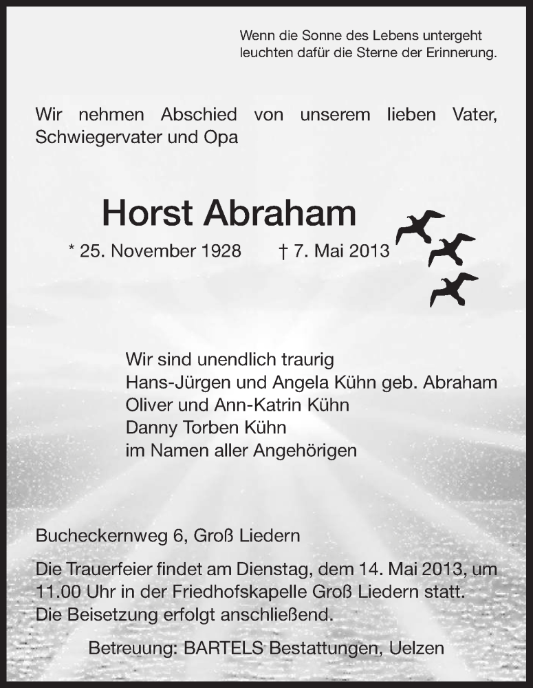  Traueranzeige für Horst Abraham vom 11.05.2013 aus Uelzen