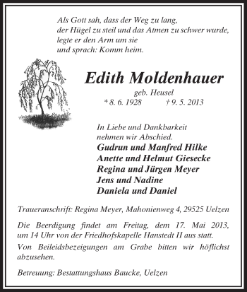 Traueranzeige von Edith Moldenhauer von Uelzen