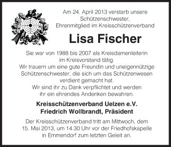 Traueranzeige von Lisa Fischer von Uelzen