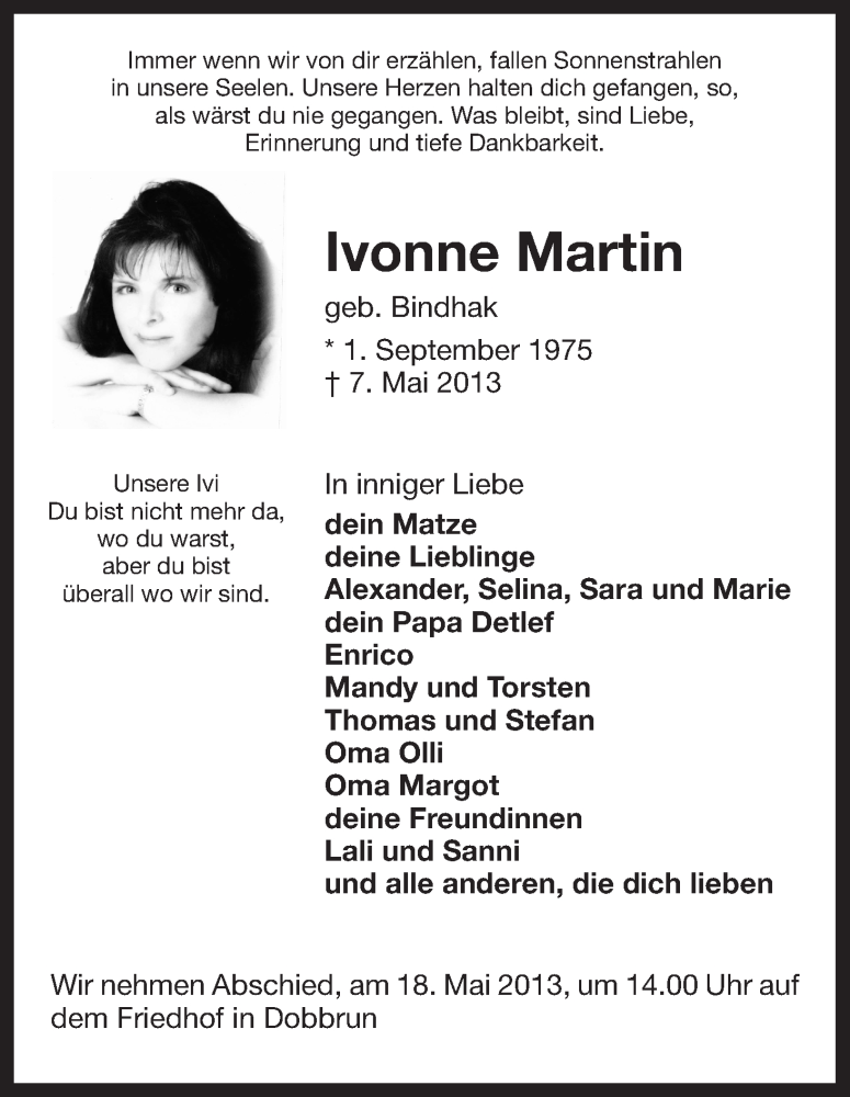  Traueranzeige für Ivonne Martin vom 11.05.2013 aus Uelzen