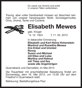 Traueranzeige von Elisabeth Mewes von Uelzen