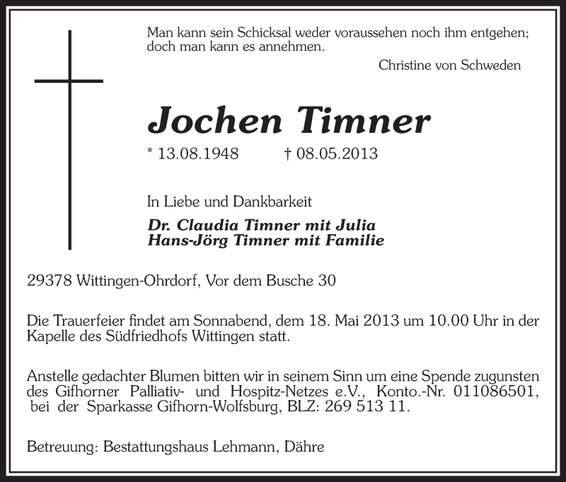  Traueranzeige für Jochen Timner vom 14.05.2013 aus Uelzen